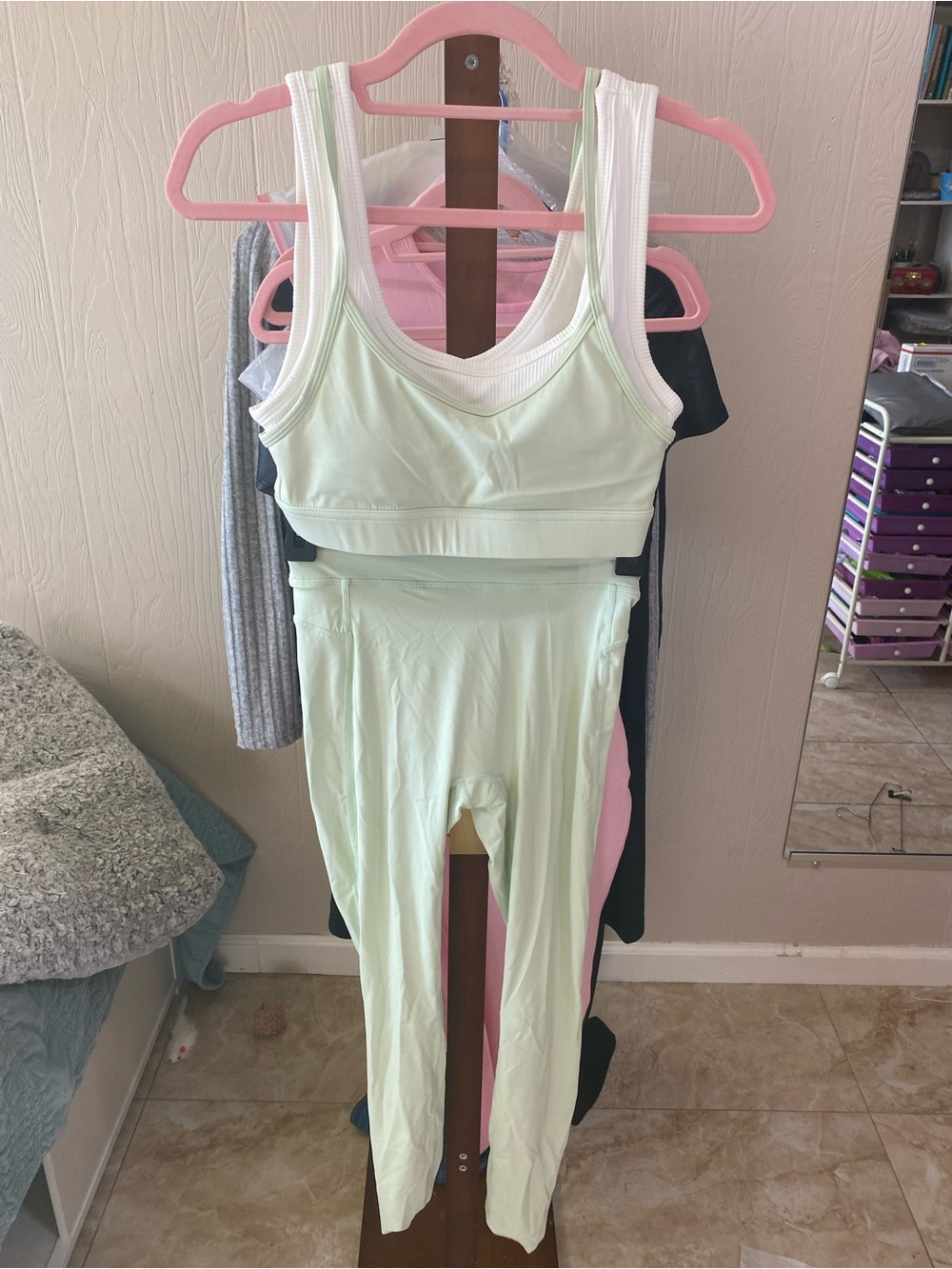 White Ribbed Active Crop Top and legging set with Mint Trim